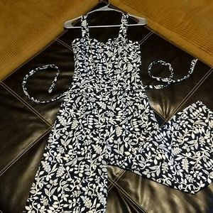 Ann Taylor Navy floral tank top style with zipper jumpsuit with belt